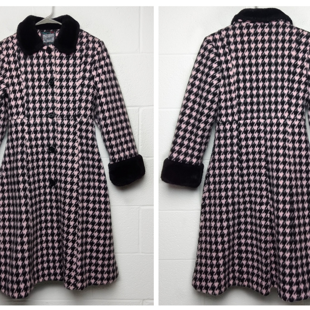Rothschild Girls Dress Coat Faux Fur Trim Pink Black Houndstooth Plaid Size 12